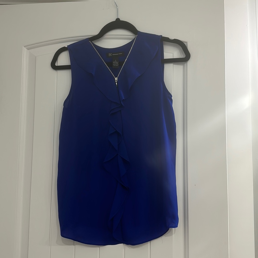 Blue half zip ruffle tank top